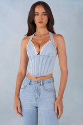 Halterneck Denim Corset Style Top in Light Denim