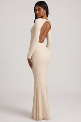 Ruched Backless Lace Maxi Dress in Ivory
