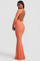 Ruched Backless Lace Maxi Dress in Peach