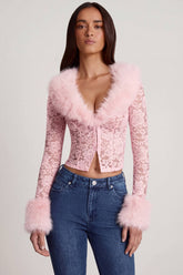 Sheer Lace Faux-Fur-Trim Cardigan in Pink