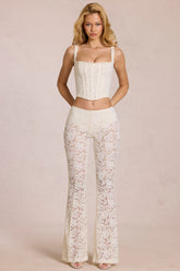 Sheer Lace Mid-Rise Flared Trousers in Pearl
