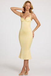 Satin Sweetheart Bustier Fishtail Midaxi Dress in Butter Yellow