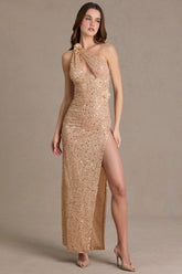 Embellished Asymmetric One-Shoulder Maxi Dress in Sand