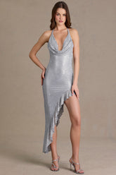 Embellished Plunge Asymmetric Maxi Dress in Diamond