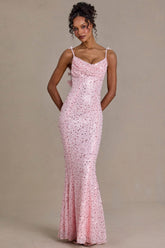 Embellished Open-Back Maxi Dress in Baby Pink
