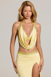Embellished Deep Plunge Halterneck Top in Lemon Yellow