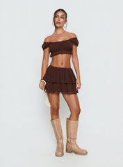 Ackee Ruched Off Shoulder Top Brown