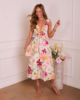 Refined Whisper Floral Ruffle Midi Dress