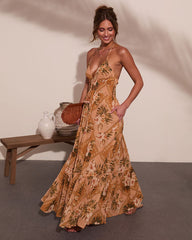 Mediterranean Muse Floral Halter Neck Maxi Dress