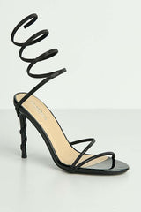 Curly Diamante Embellished Spiral Ankle Strap Sandals in Black Diamante