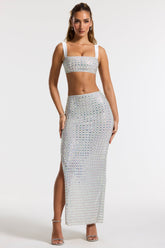 Embellished Mid Rise Maxi Skirt in Silver
