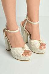 Amora Pearl Embellished Block Heel Anklestrap Sandals in White