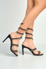 Annette Diamante & Crystal Droplets Embellished Heeled Sandals in Black