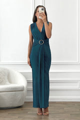 AMOR GREEN V FRONT EVENING WEAR MAXI DRESS WITH SIDE SPLIT AND FRONT SASH