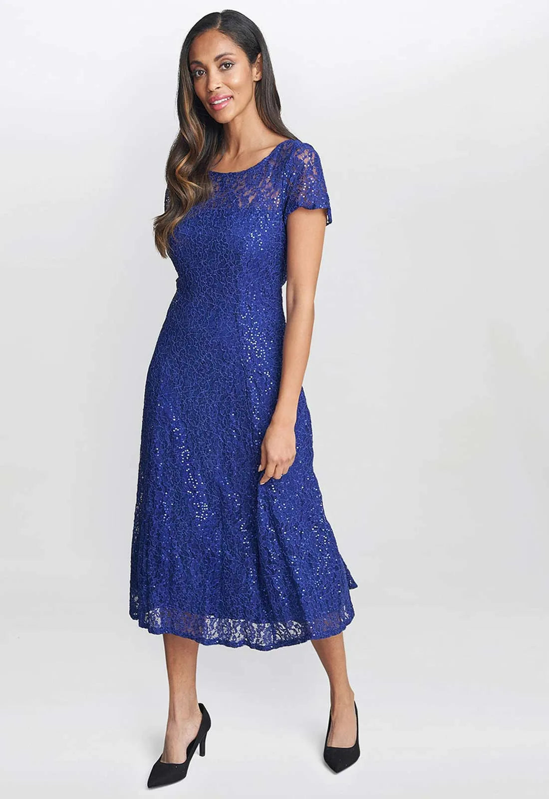 Gina Bacconi Demi Cap Sleeve Midi Length Sequin Lace Dress