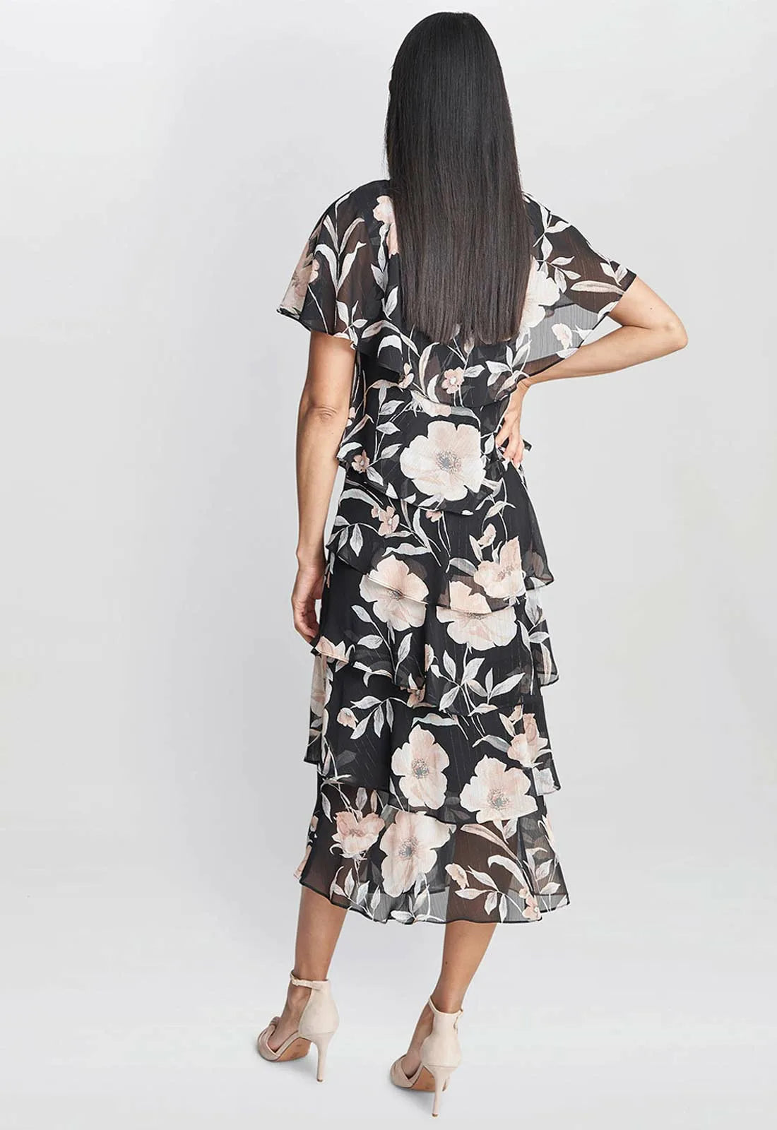Gina Bacconi Frances Printed Midi Tiered Dress With Trim