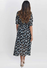 Gina Bacconi Black and Multi Mimi Godet Pussy Bow Dress