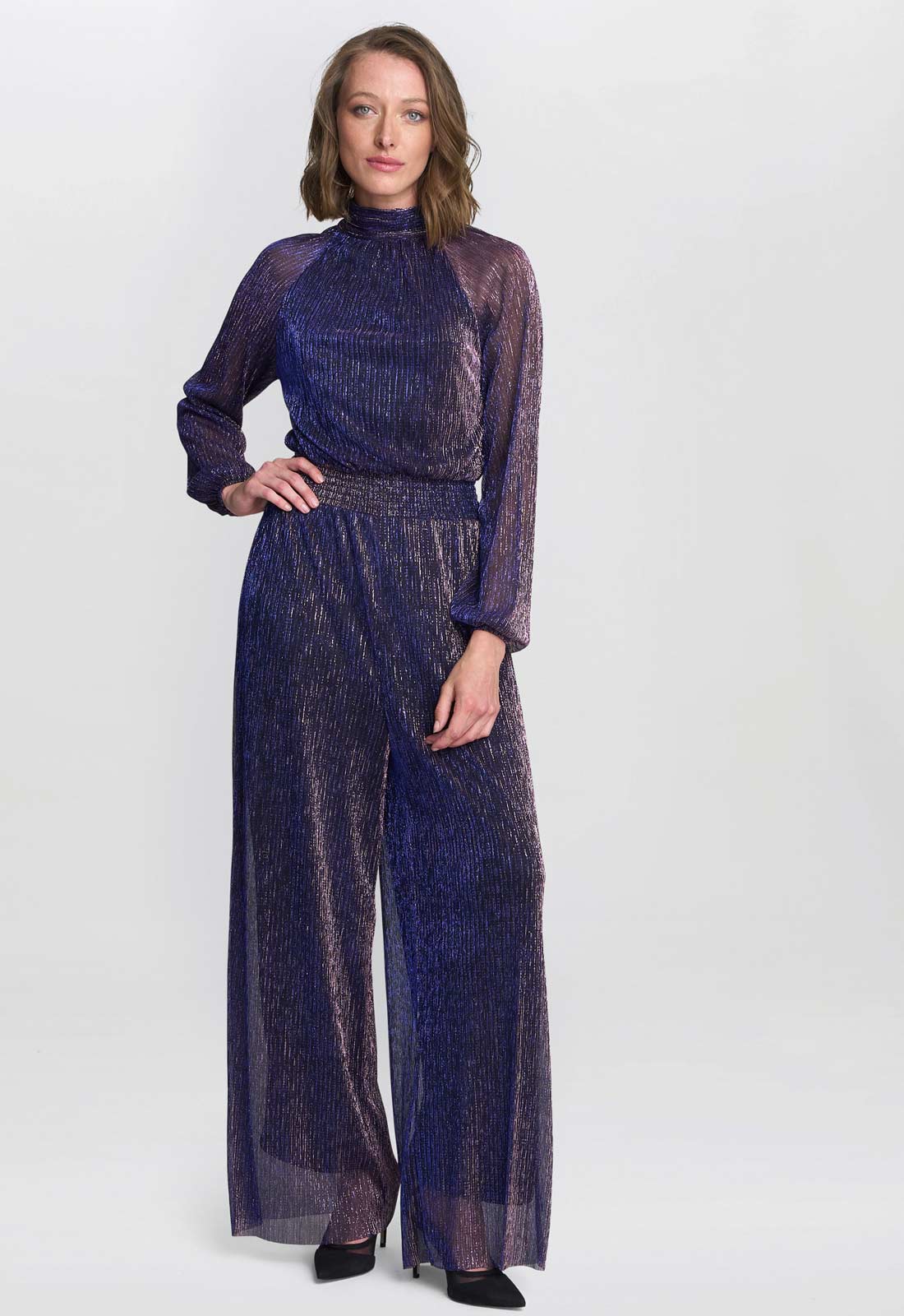 Gina Bacconi Blue Kylie Metallic Knit Jumpsuit