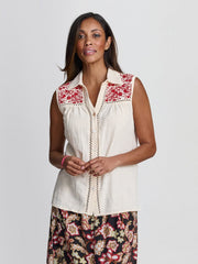 Gina Bacconi Beige Claude Embroidered Cotton Sleeveless Shirt