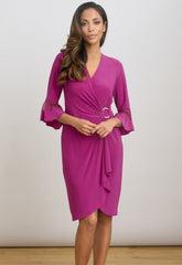 Gina Bacconi Magenta Debby Flutted Sleeve Wrap Dress