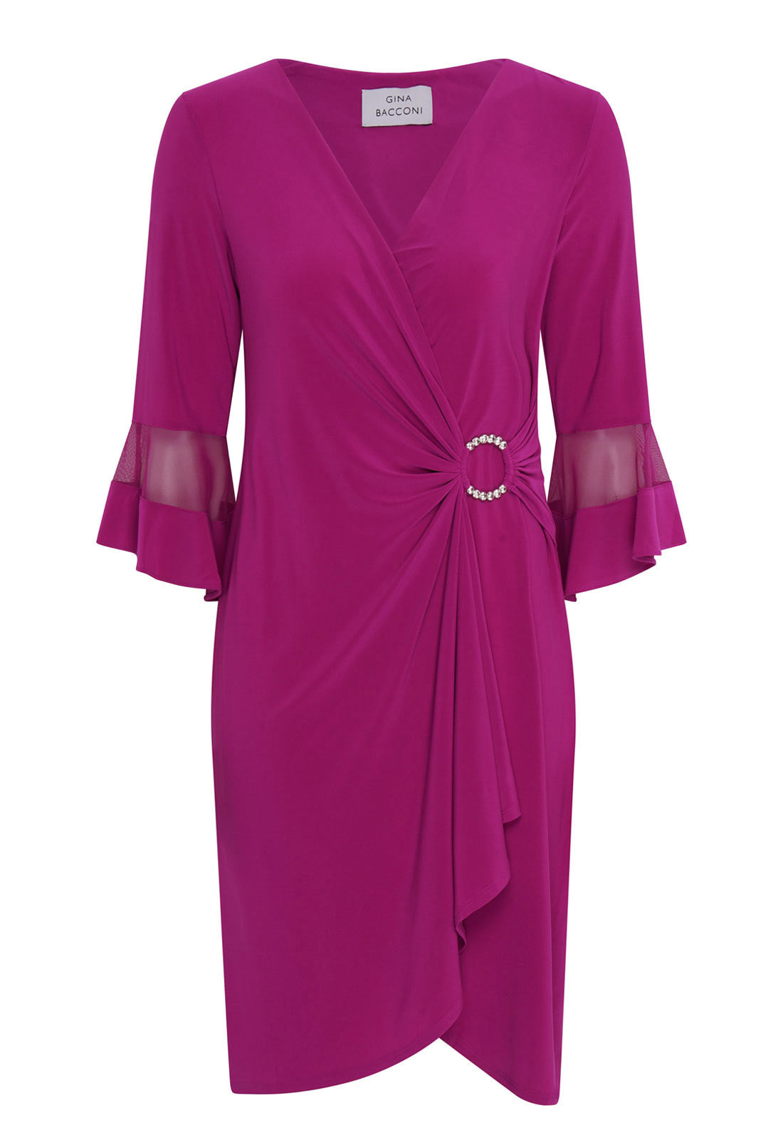 Gina Bacconi Magenta Debby Flutted Sleeve Wrap Dress