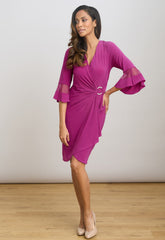 Gina Bacconi Magenta Debby Flutted Sleeve Wrap Dress