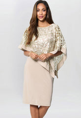 Gina Bacconi Champagne Darlene Embroidered Cape Dress