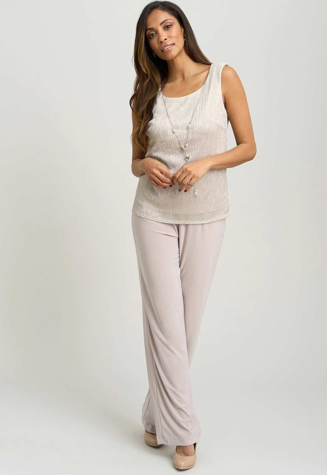 Gina Bacconi CHAMPAGNE Natasha Three Piece Metallic Crinkle Trouser Suit