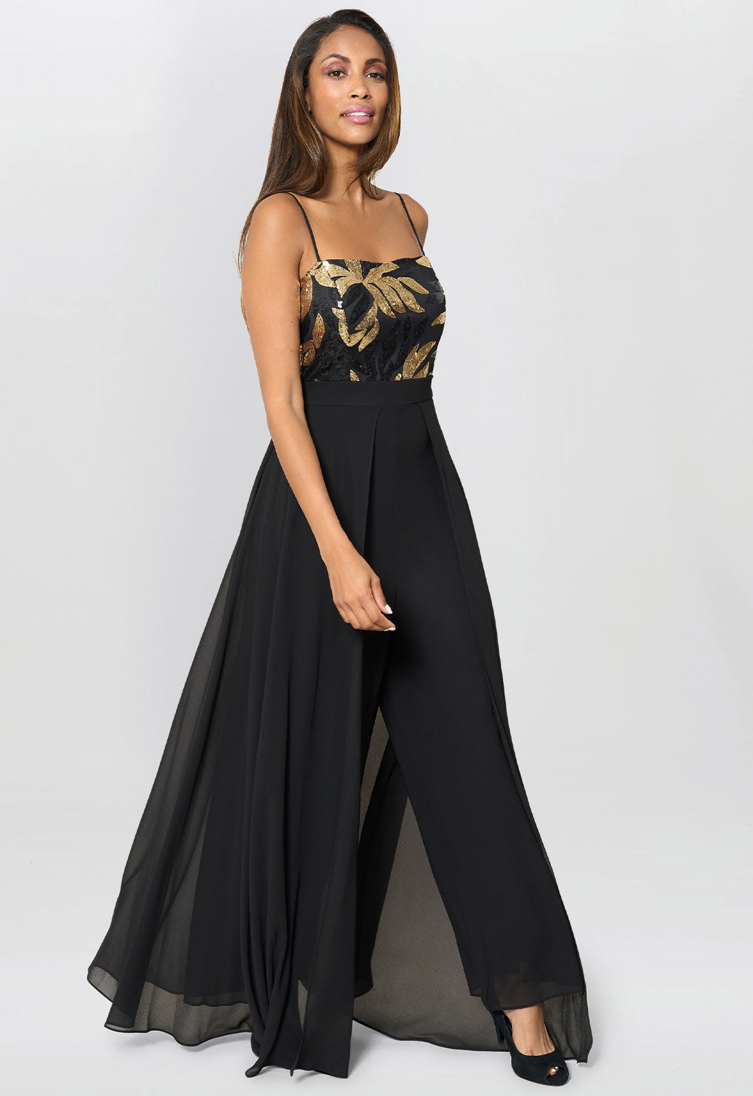 Gina Bacconi Black / Gold Fannie Black And Gold Chiffon Jumpsuit