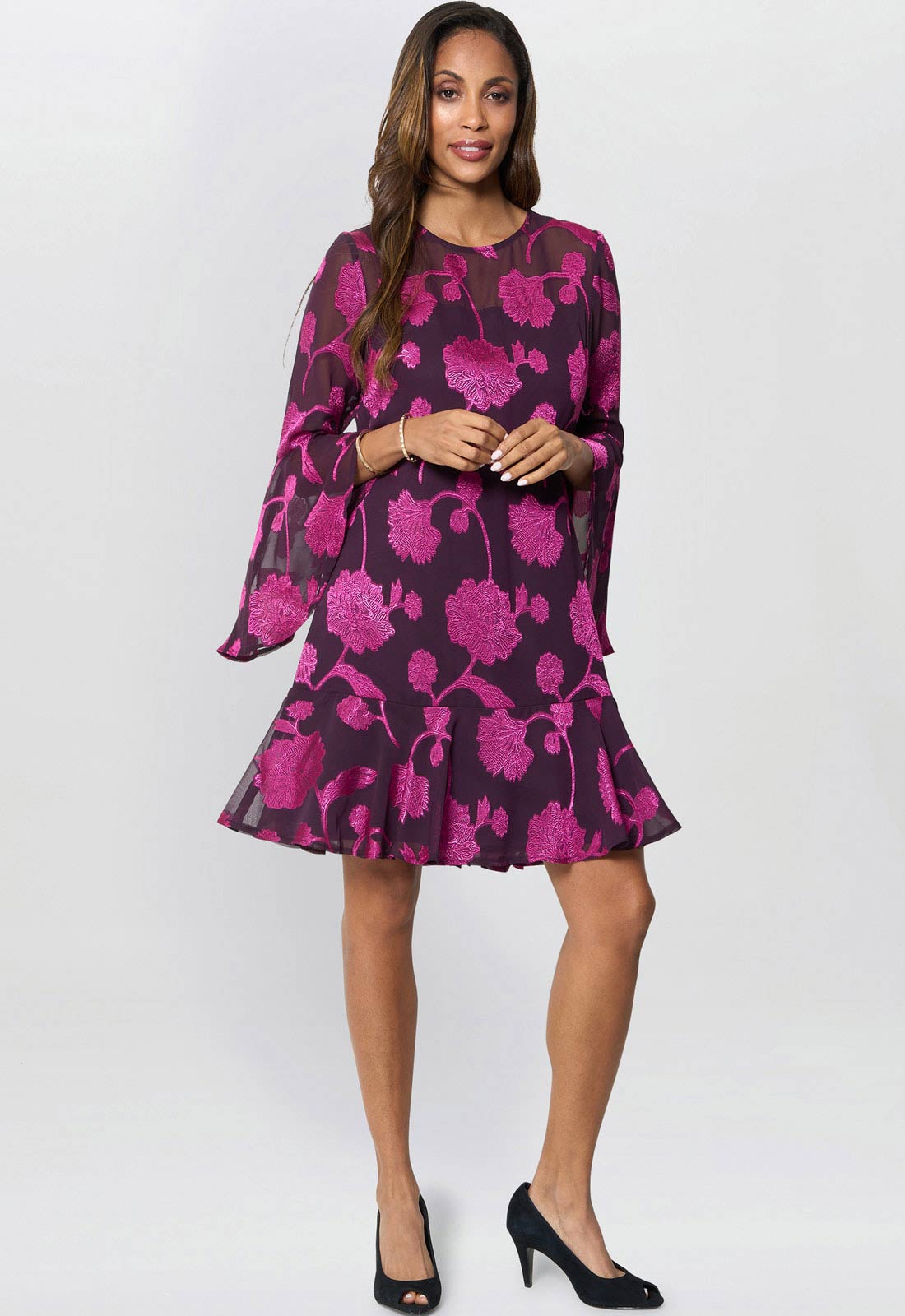 Gina Bacconi Fuchsia Isabella Embroidered Fit And Flare Dress