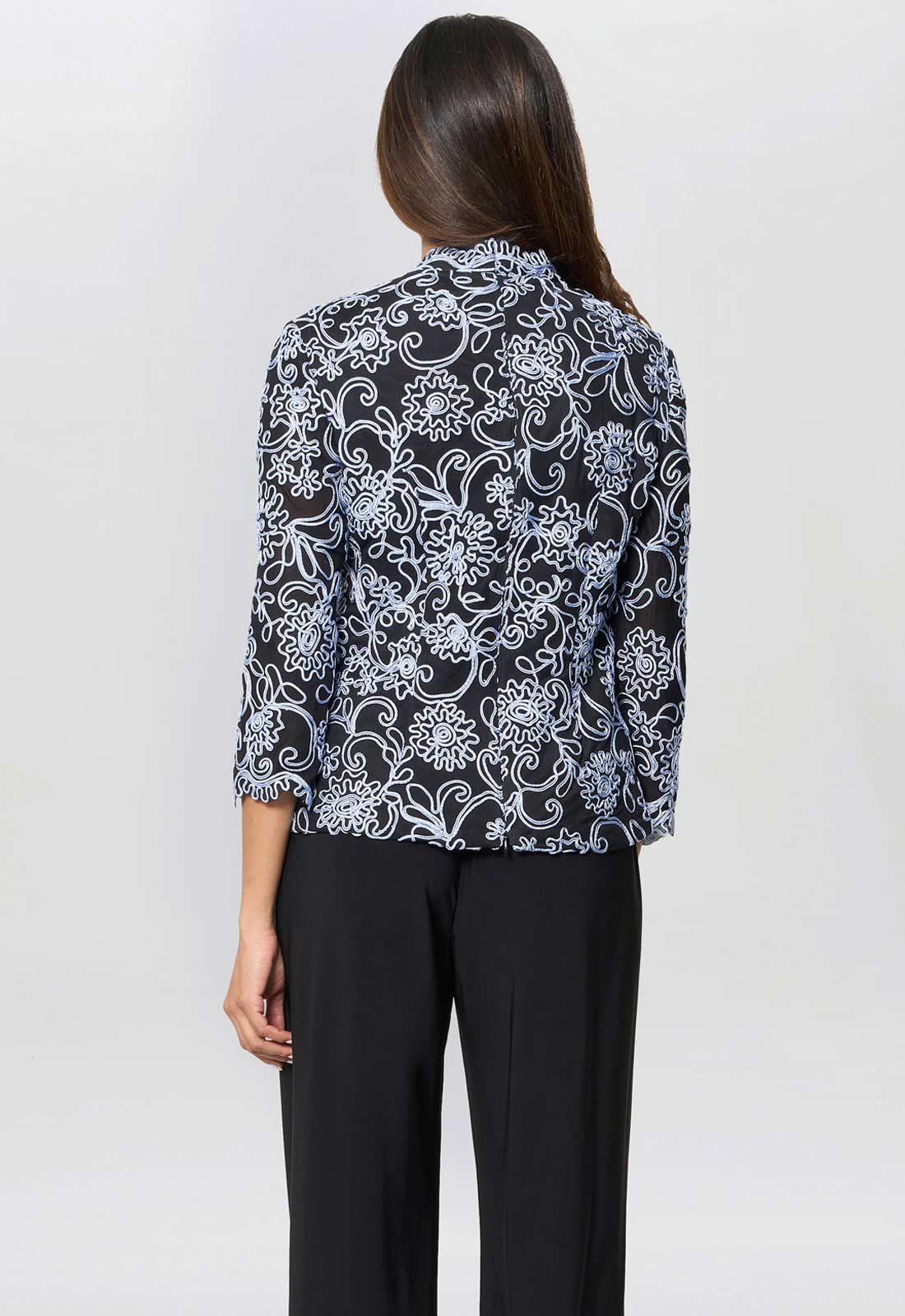 Gina Bacconi Black / Blue Lanette Embroidered Blouse With Scallops