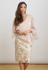 Gina Bacconi Champagne Monroe Short Embroidered Dress With Chiffon Bodice