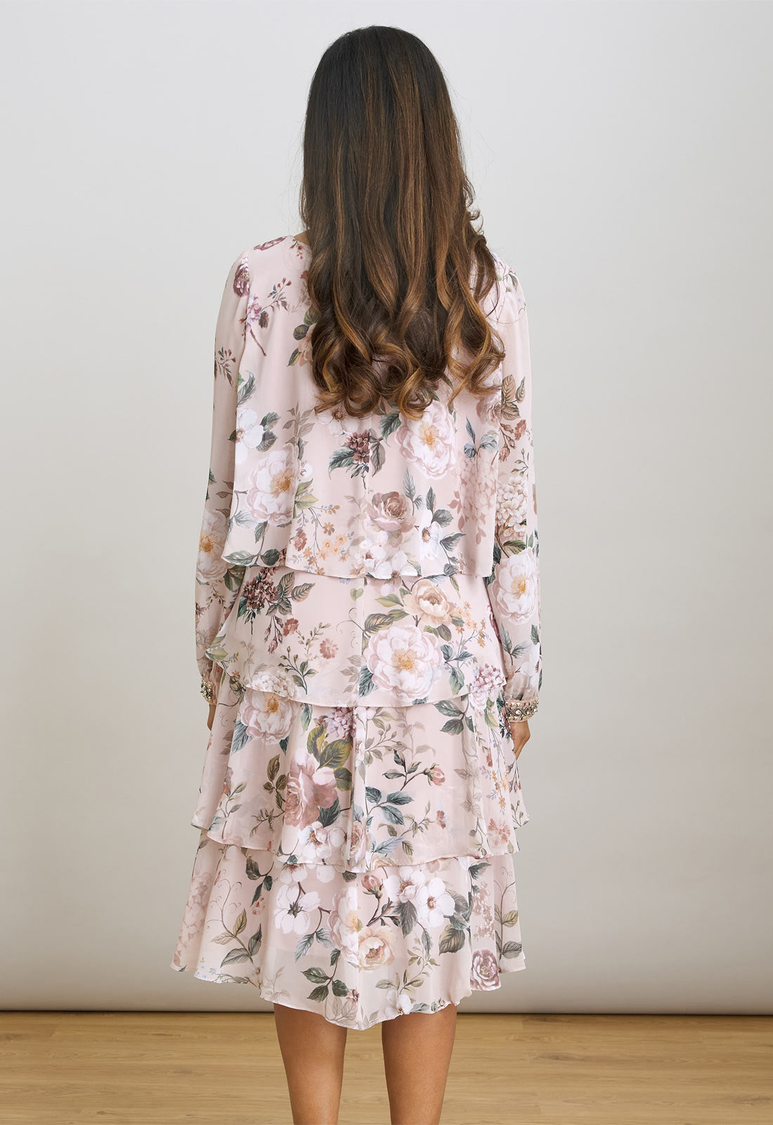 Gina Bacconi Blush Muriel Short Printed Tiered Chiffon Dress