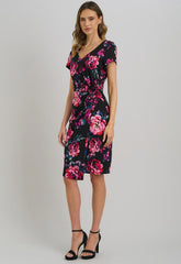 Gina Bacconi Black Paulette Twist Knot Cape Sleeve Floral Dress