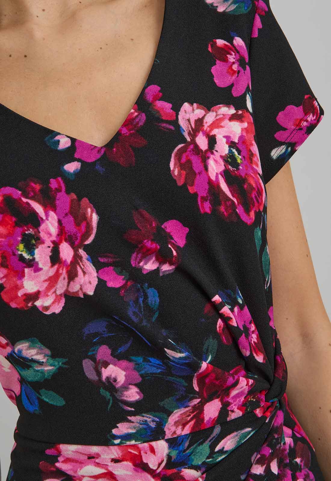 Gina Bacconi Black Paulette Twist Knot Cape Sleeve Floral Dress
