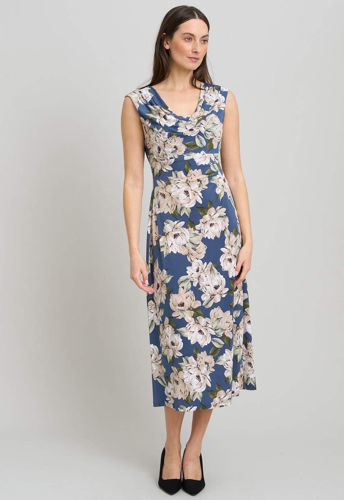 Gina Bacconi Multi Presley Cowl Neck Floral Midi Dress