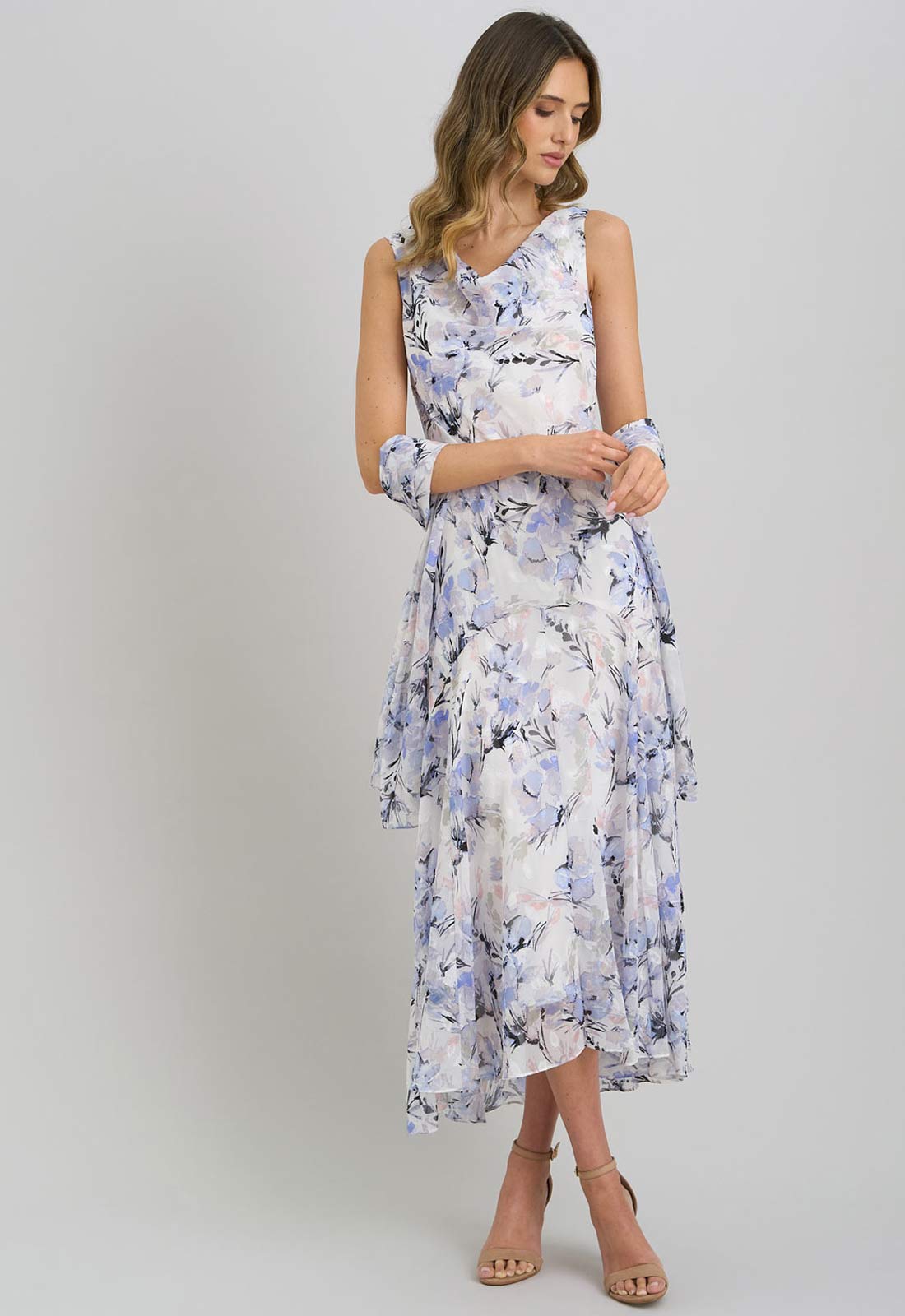 Gina Bacconi Ivory Yana Floral Printed Cowl Midi Dress & Scarf