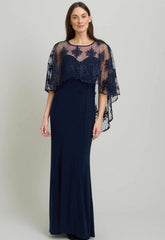 Gina Bacconi NAVY / NUDE Desire Jersey Maxi Dress With Lace Cape
