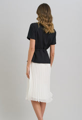 Gina Bacconi Black and White Shelley Belted Pleated Midi Dress