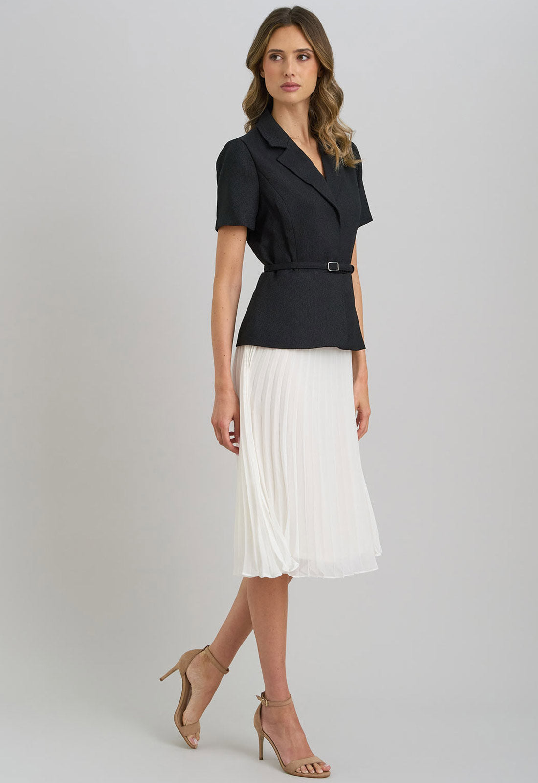 Gina Bacconi Black and White Shelley Belted Pleated Midi Dress