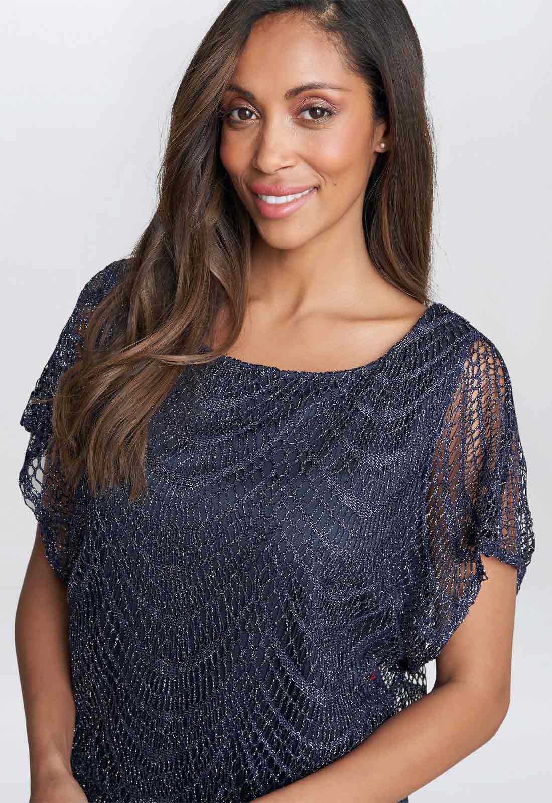 Gina Bacconi Blue Arleen Long Blouson Fringe Hem Dress