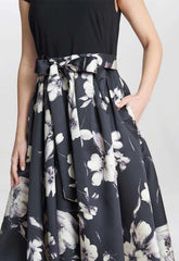 Gina Bacconi Black and Ivory Colleen Jersey And Jacquard Printed Dress