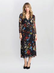 Gina Bacconi Black Tasmine Floarl Mesh Wrap Dress