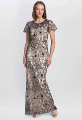 Gina Bacconi Black / White Marie-Claire Floral Embroidered Mesh Maxi Dress
