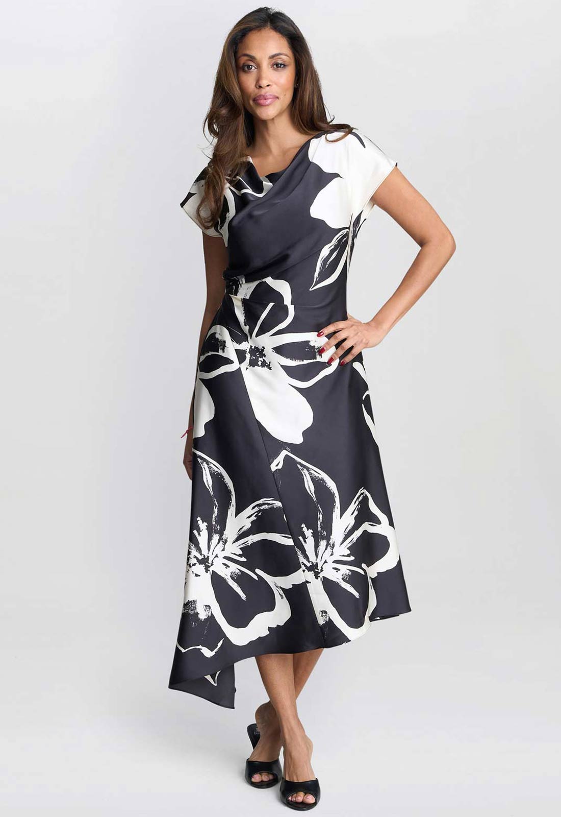 Gina Bacconi Black / Cream Maude Floral Print Asymmetrical Midi Dress