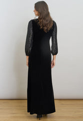 Gina Bacconi Black Pauline Velvet Maxi Dress With Sequin Sleeves