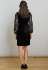 Gina Bacconi Black / Silver Sky Velvet Dress With Sheer Embroidered Sleeves