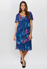 Gina Bacconi Navy / Multi Talie Tiered Floral Chiffon Dress