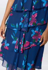 Gina Bacconi Navy / Multi Talie Tiered Floral Chiffon Dress