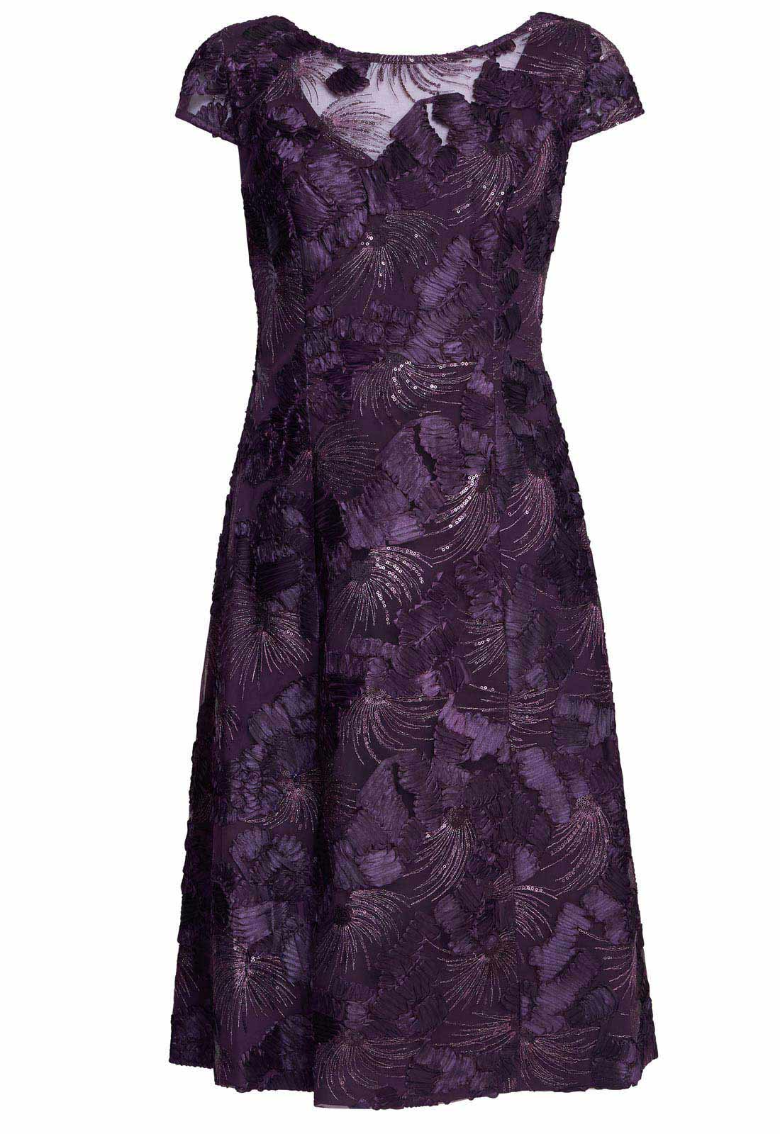 Gina Bacconi Eggplant Abella Illusion Jewel Floral Dress